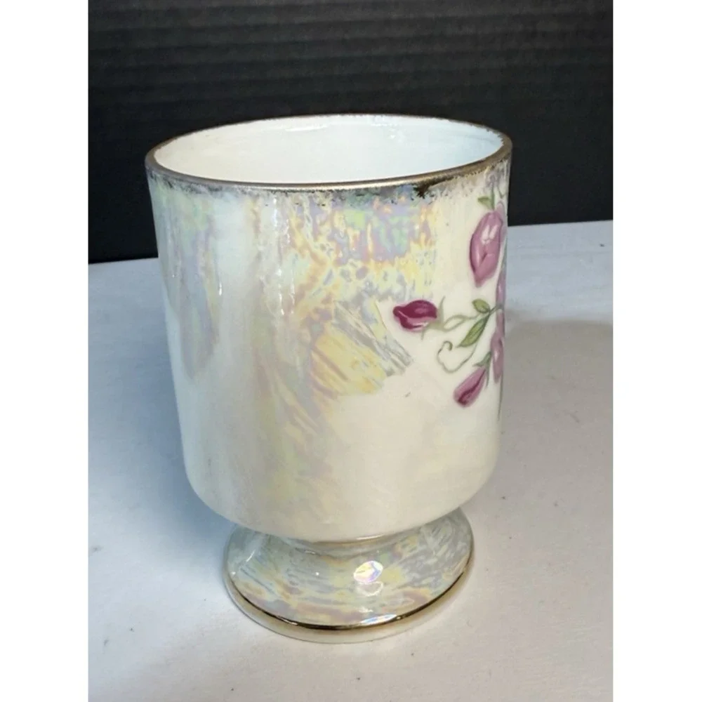 Vintage Sweet Pea April Coffee Cup Iridescent Gold Pink Flowers Fancy Handle - Picture 4 of 6